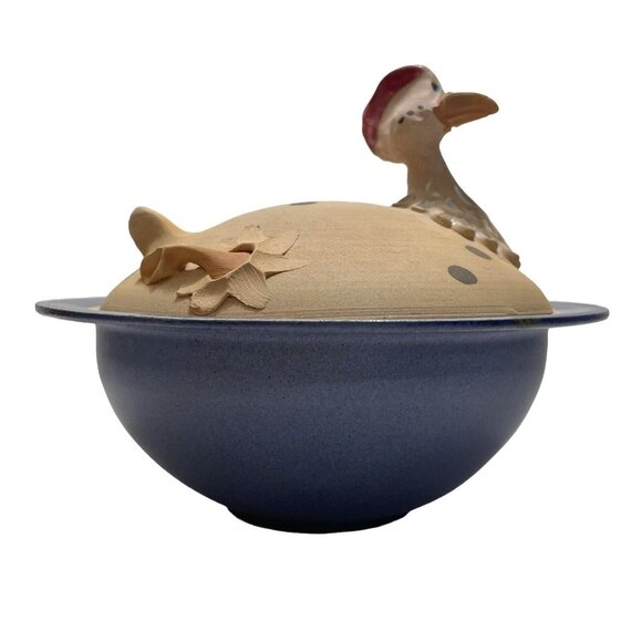 Vintage 1990s Signed Diane Marier Nesting Hen Studio Art Pottery Lidded Bowl - Picture 4 of 12